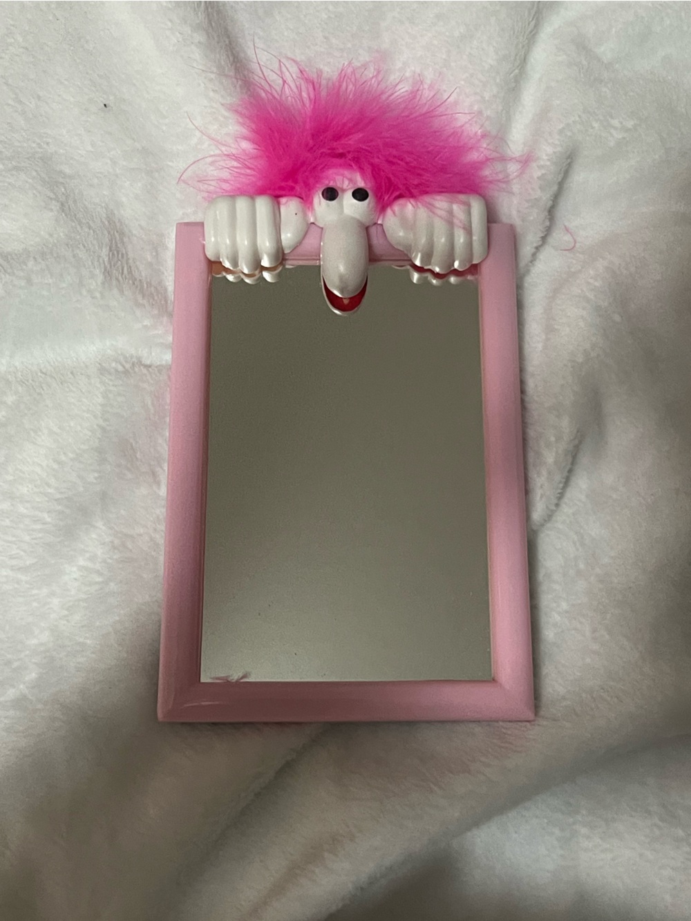NIB Pink Fuzzy Mirror with Stand